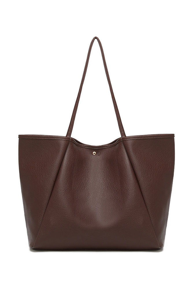 Black faux leather tote bag with shoulder straps