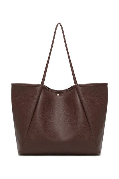 Black faux leather tote bag with shoulder straps