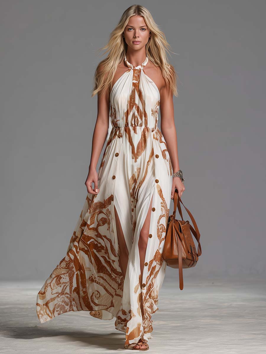 Cream - Sleeveless halter neck maxi dress featuring an abstract print, gathered waist, and double front slits with button accents.