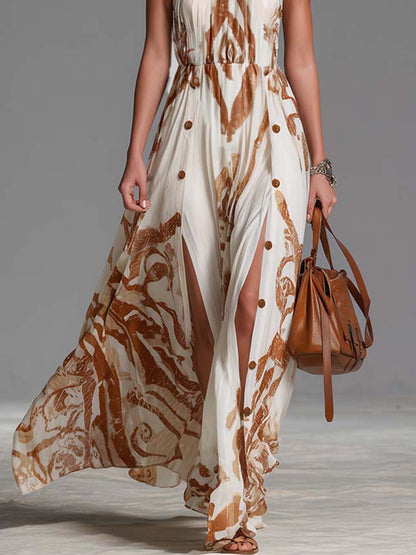 Cream - Sleeveless halter neck maxi dress featuring an abstract print, gathered waist, and double front slits with button accents.