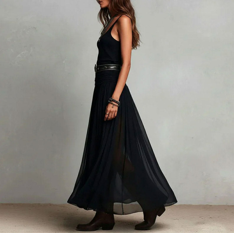 Chiffon Belted Sheer Maxi Dress