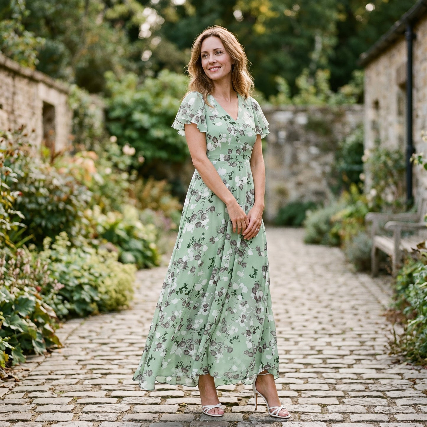 Orange - Model wearing a floral flutter-sleeve maxi dress with a V-neckline and flowy silhouette.