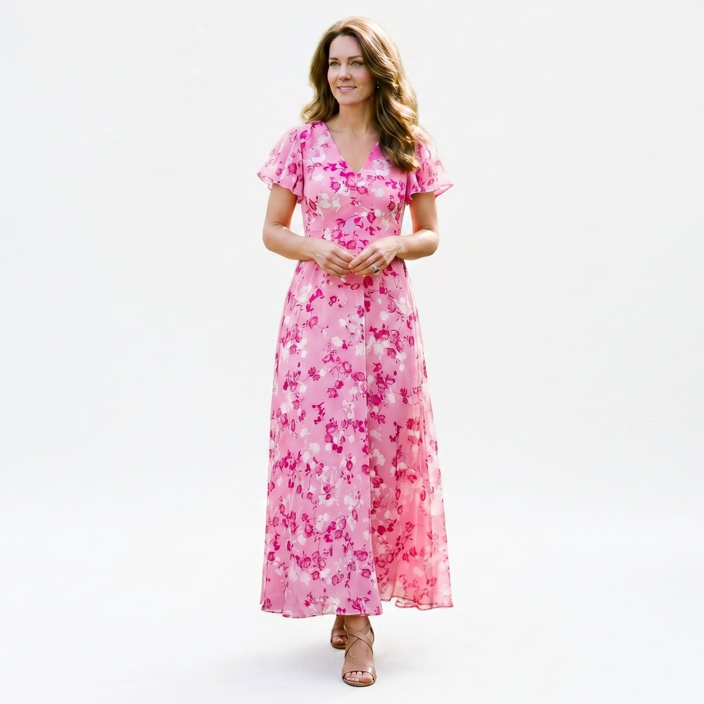 Dark Pink - Model wearing a floral flutter-sleeve maxi dress with a V-neckline and flowy silhouette.