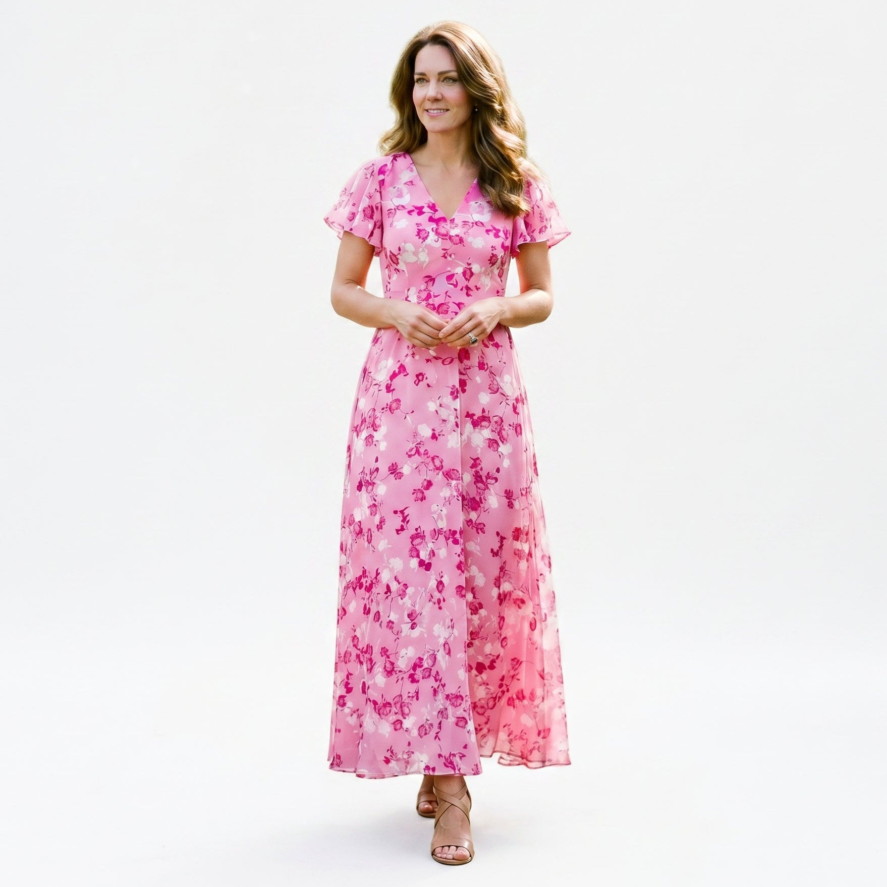 Dark Pink - Model wearing a floral flutter-sleeve maxi dress with a V-neckline and flowy silhouette.