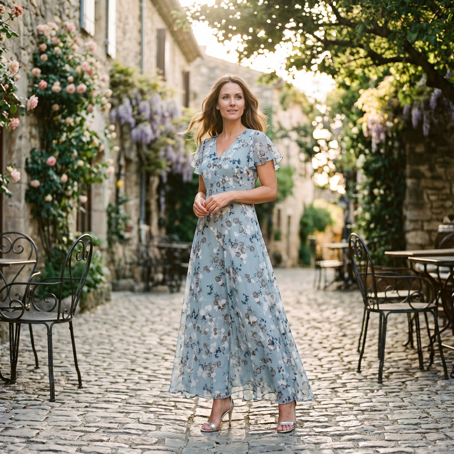 Light Blue 2 - Model wearing a floral flutter-sleeve maxi dress with a V-neckline and flowy silhouette.