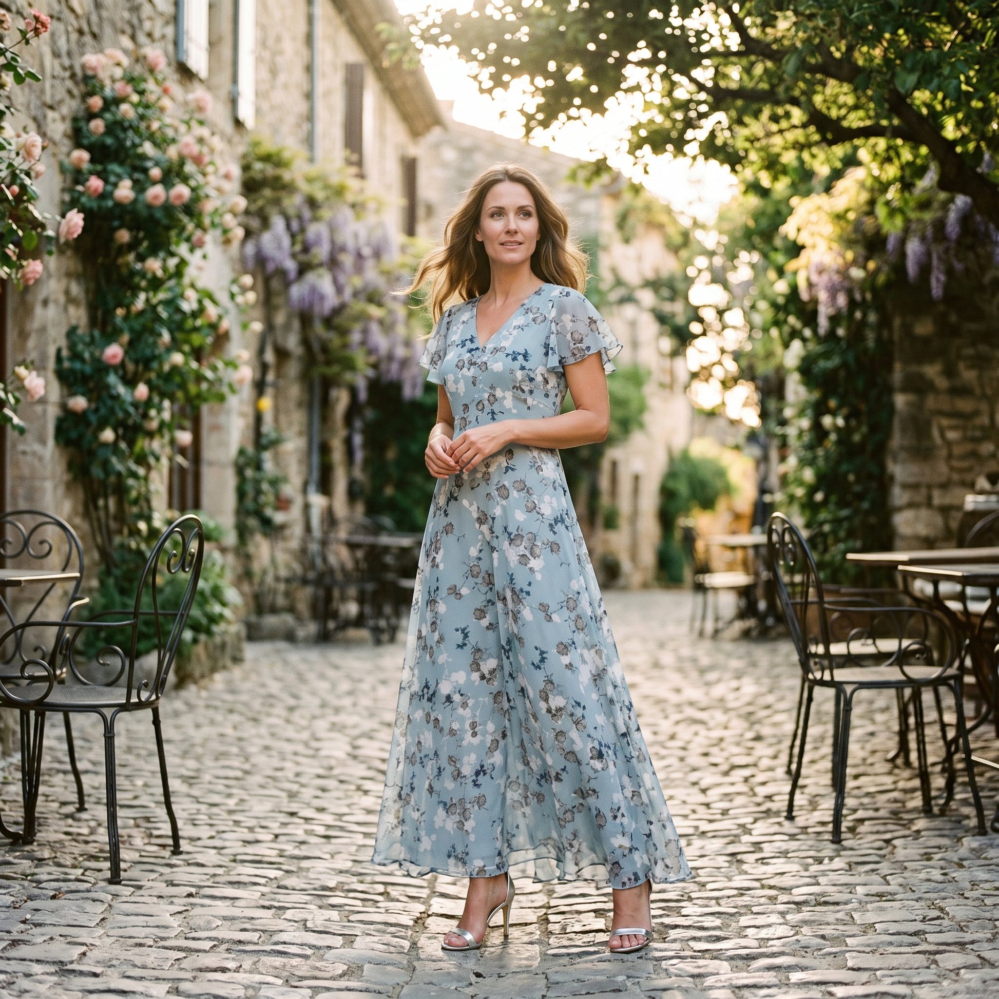Light Blue 2 - Model wearing a floral flutter-sleeve maxi dress with a V-neckline and flowy silhouette.