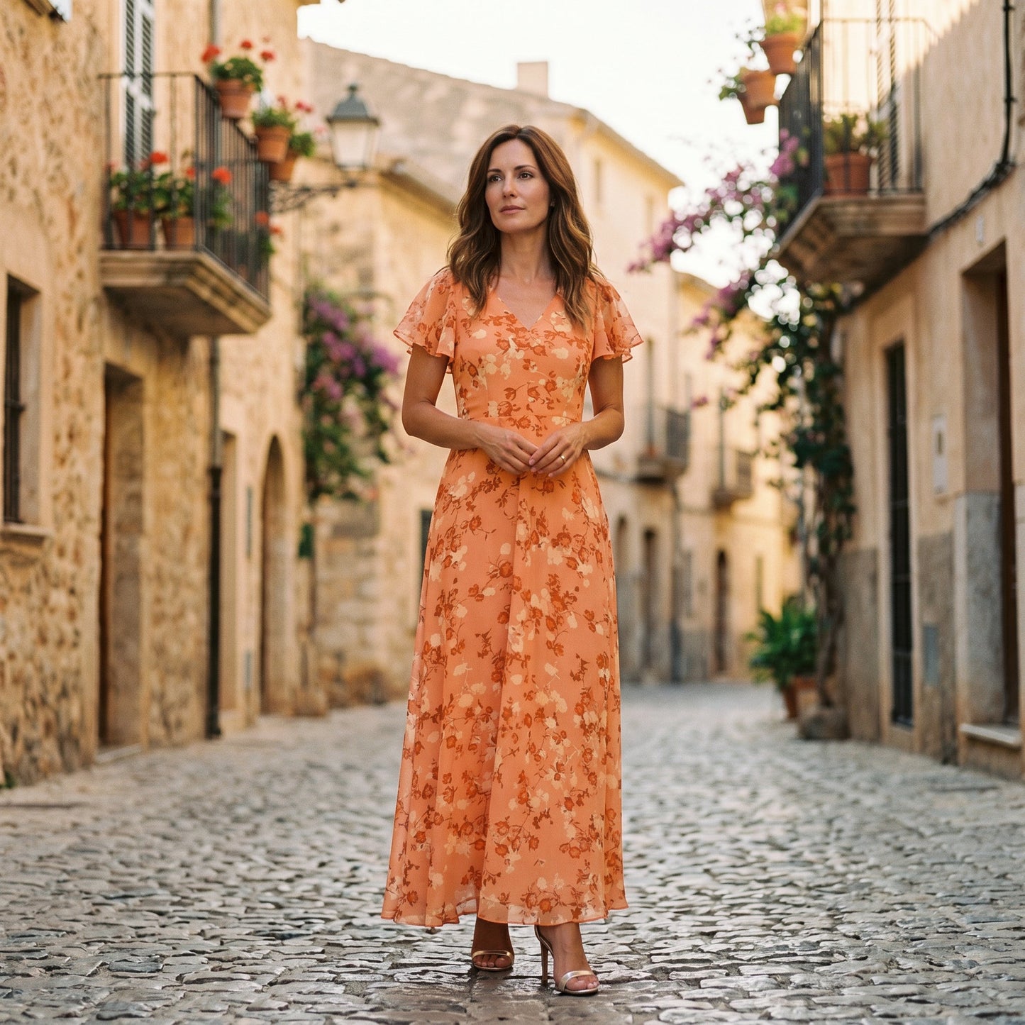 Light Blue 2 - Model wearing a floral flutter-sleeve maxi dress with a V-neckline and flowy silhouette.