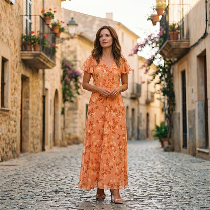 Light Blue 2 - Model wearing a floral flutter-sleeve maxi dress with a V-neckline and flowy silhouette.