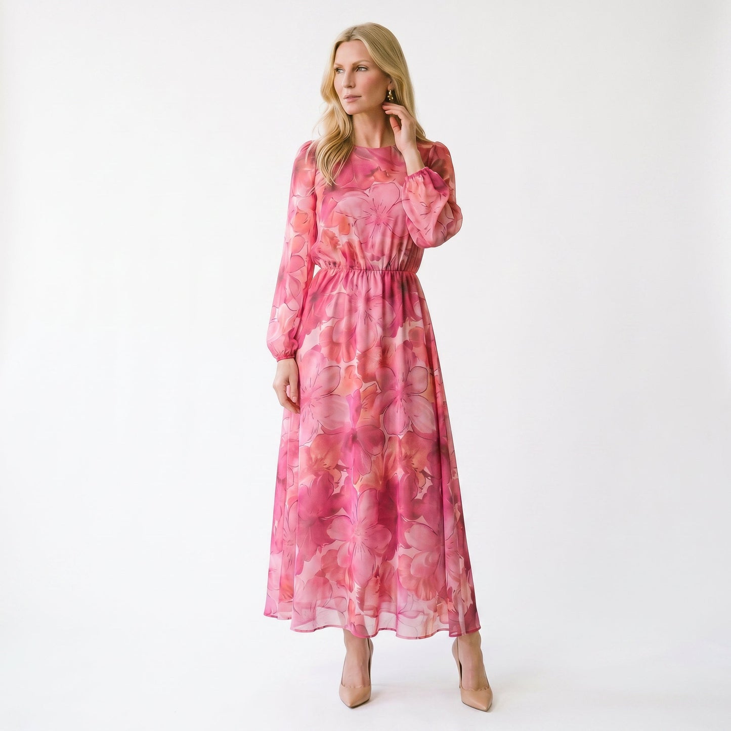 Pink - Model wearing a sheer floral puff-sleeve midi dress featuring a high neckline and flowing A-line skirt.
