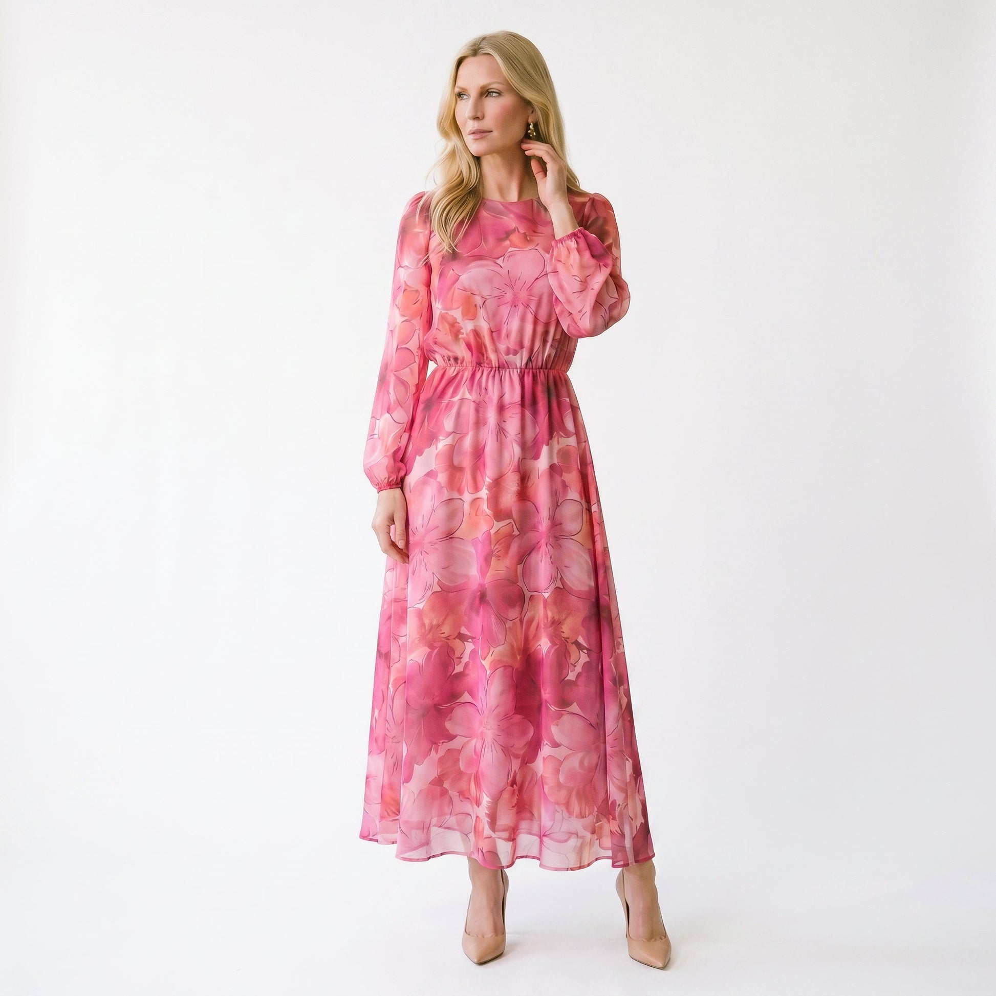 Pink - Model wearing a sheer floral puff-sleeve midi dress featuring a high neckline and flowing A-line skirt.
