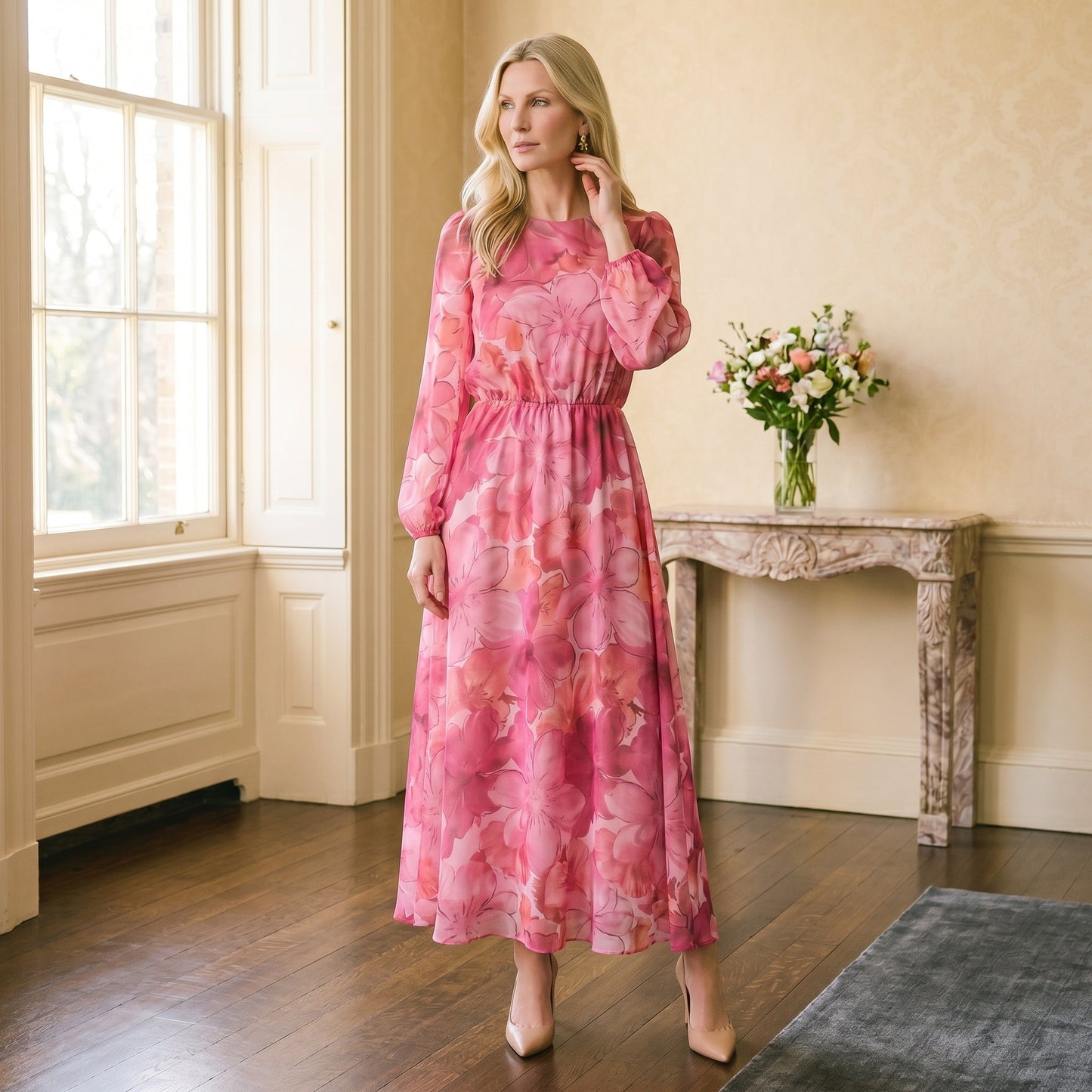 Pink - Model wearing a sheer floral puff-sleeve midi dress featuring a high neckline and flowing A-line skirt.