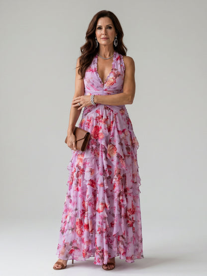 Chiffon Halter Tiered Maxi Dress