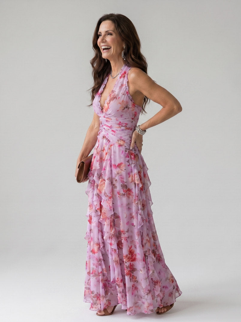 Chiffon Halter Tiered Maxi Dress