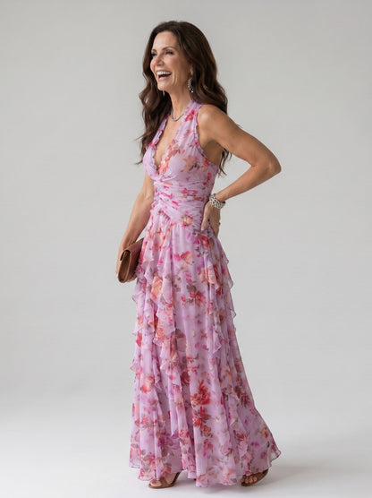 Chiffon Halter Tiered Maxi Dress