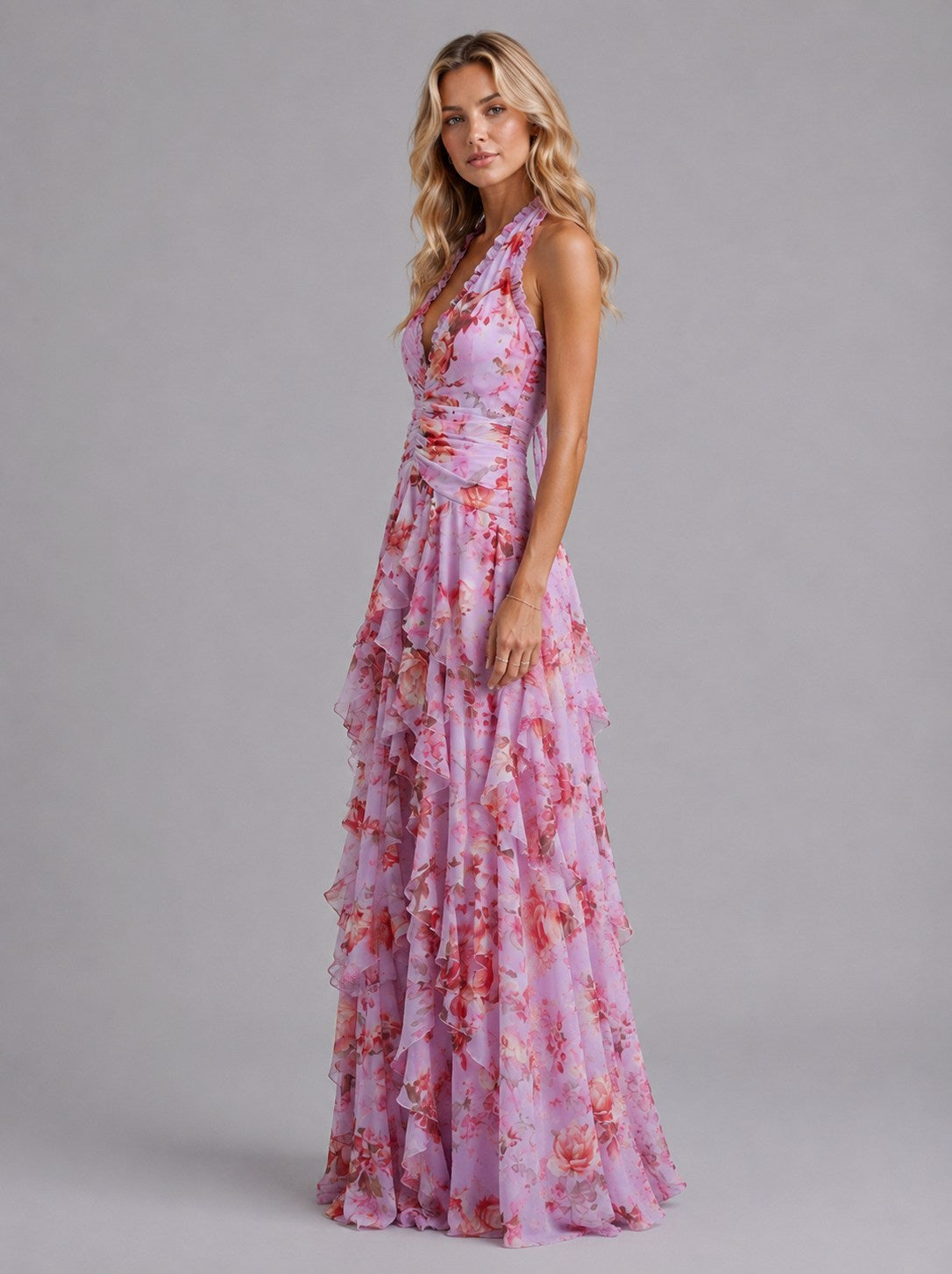 Chiffon Halter Tiered Maxi Dress