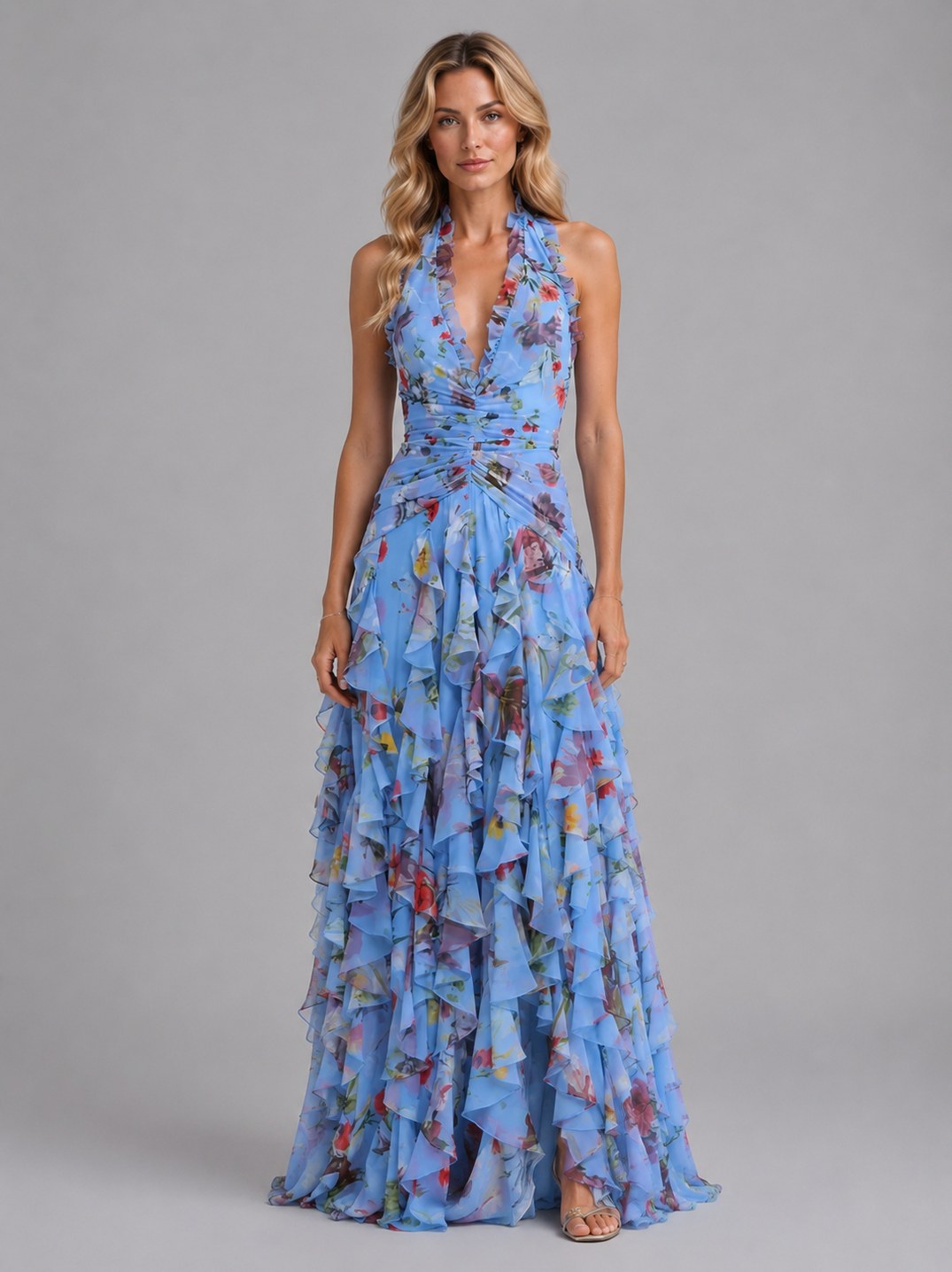 Chiffon Halter Tiered Maxi Dress