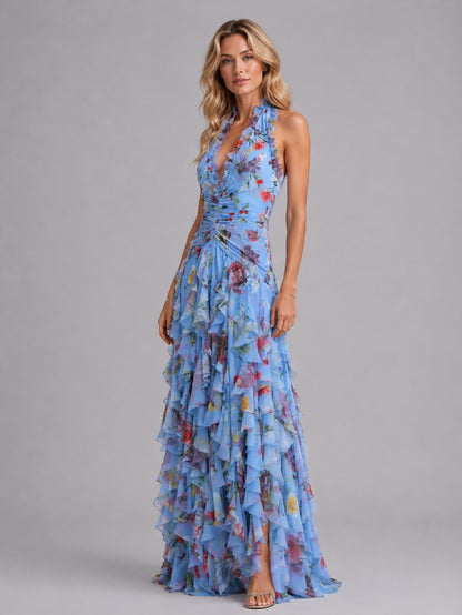Chiffon Halter Tiered Maxi Dress