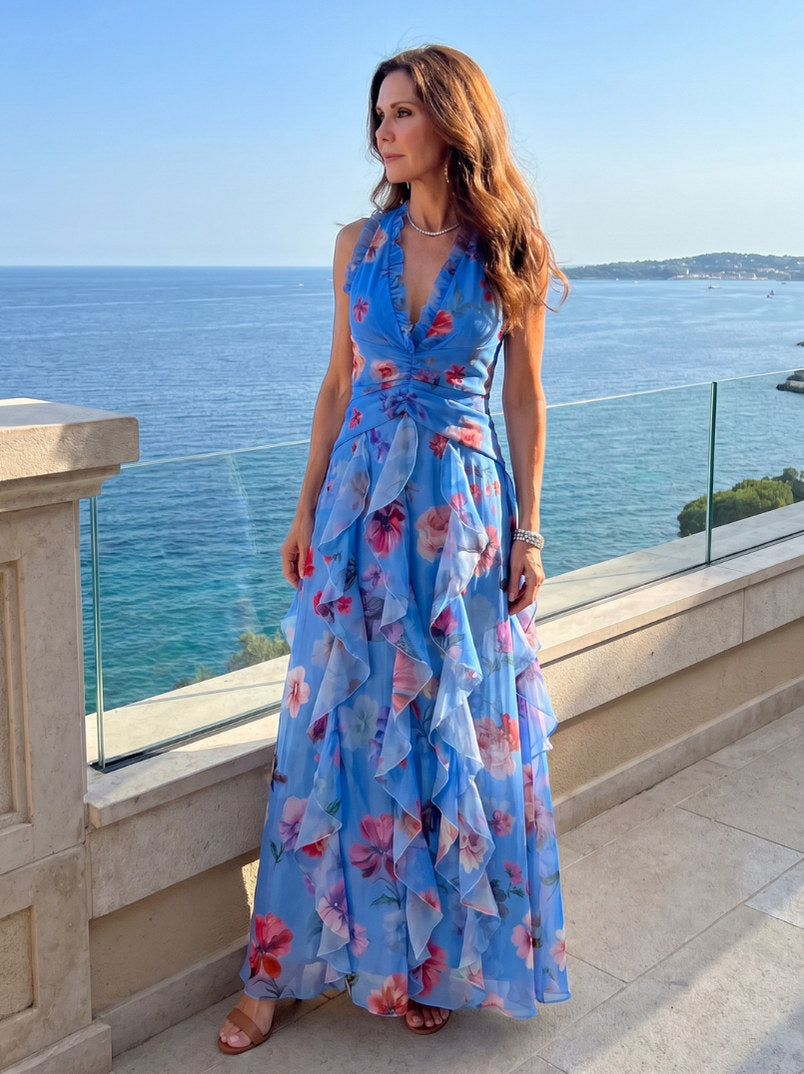 Chiffon Halter Tiered Maxi Dress