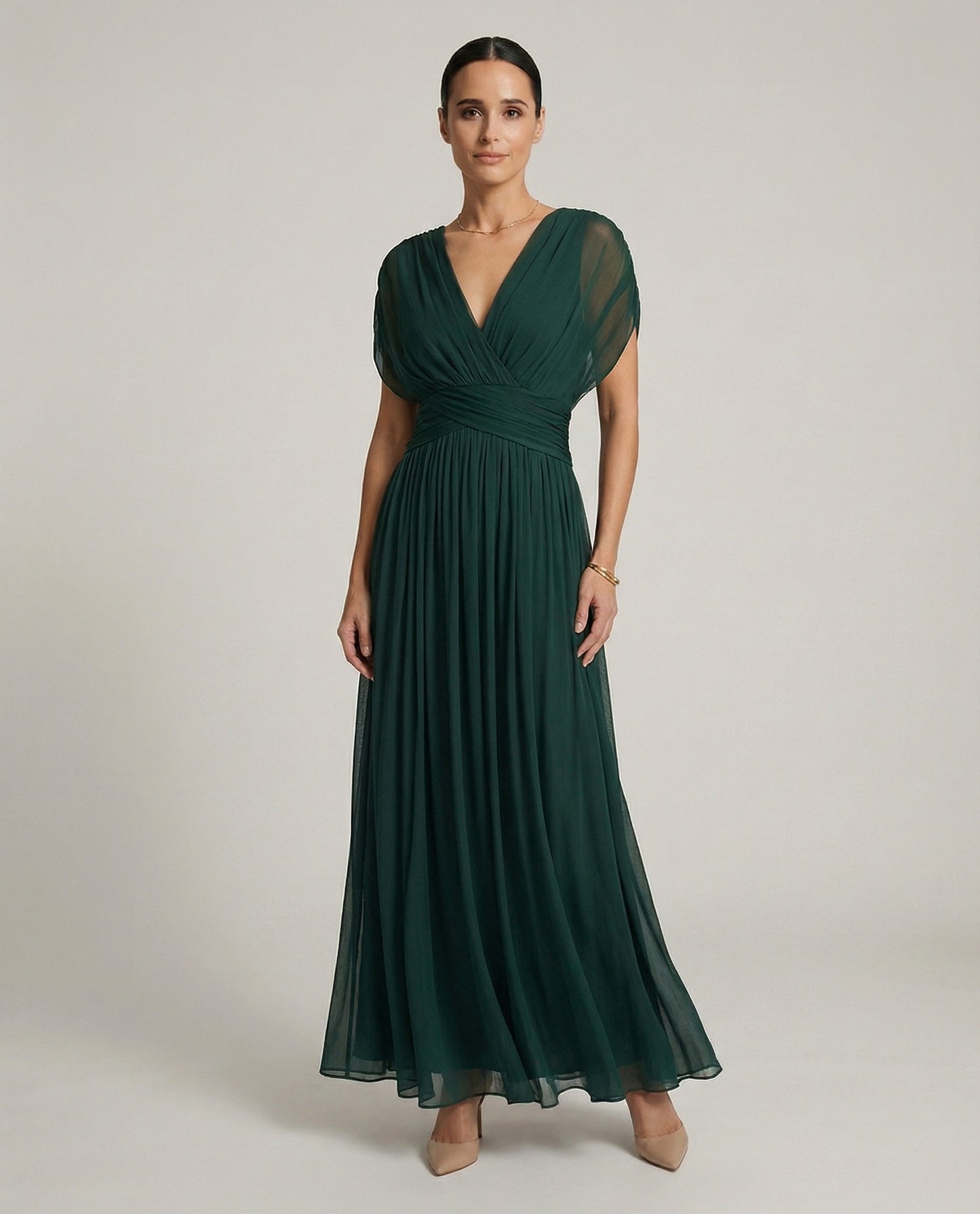 Chiffon Pleated Cap Sleeve Maxi Dress