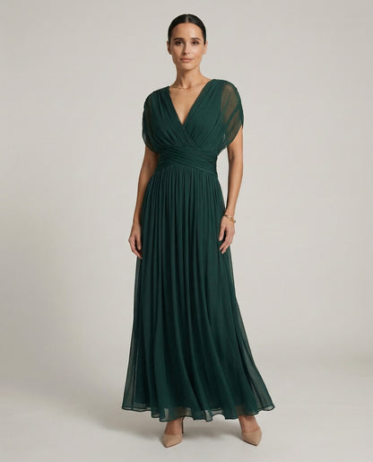Chiffon Pleated Cap Sleeve Maxi Dress