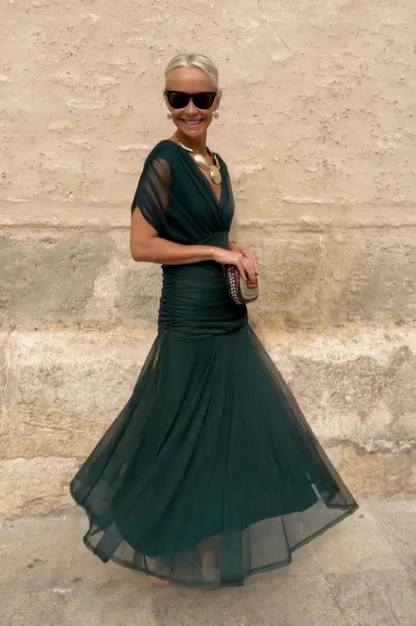 Chiffon Pleated Cap Sleeve Maxi Dress