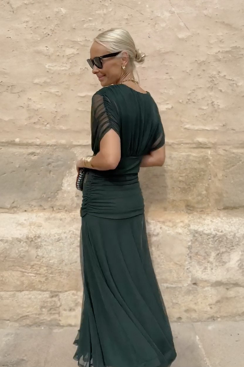 Chiffon Pleated Cap Sleeve Maxi Dress