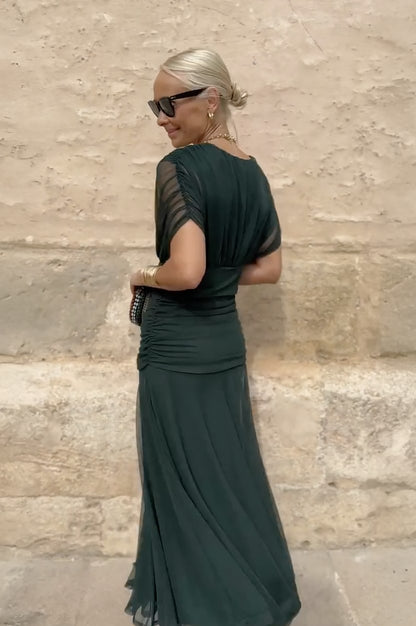 Chiffon Pleated Cap Sleeve Maxi Dress