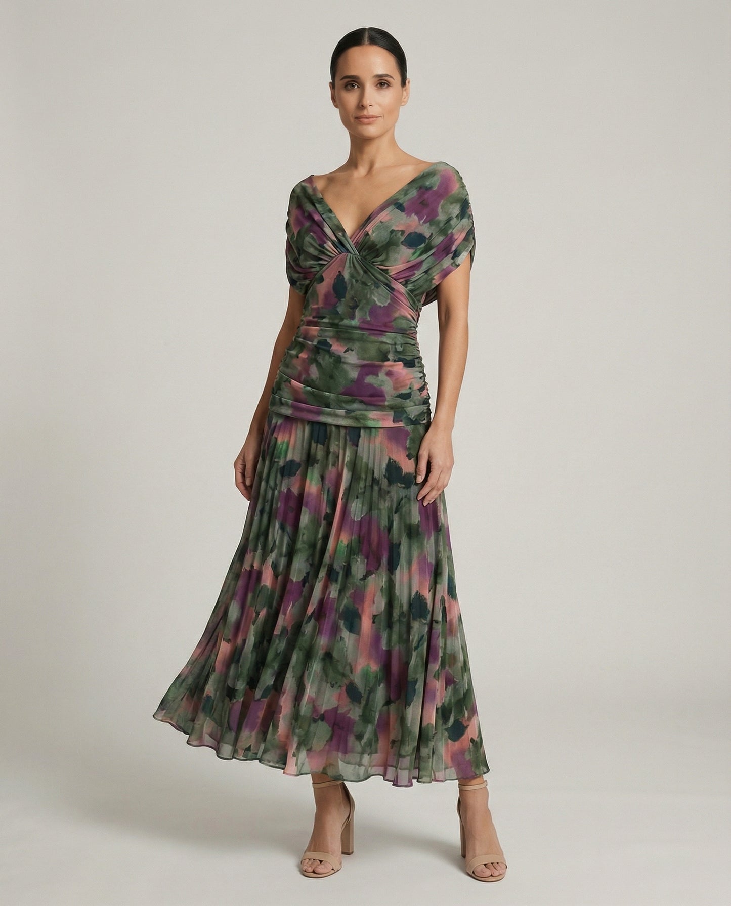 Chiffon Pleated Cap Sleeve Maxi Dress
