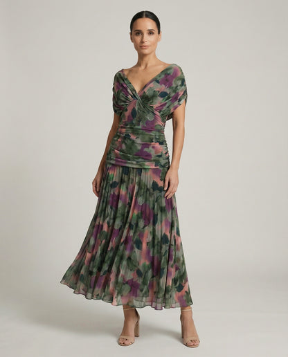 Chiffon Pleated Cap Sleeve Maxi Dress