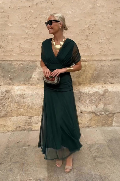 Chiffon Pleated Cap Sleeve Maxi Dress