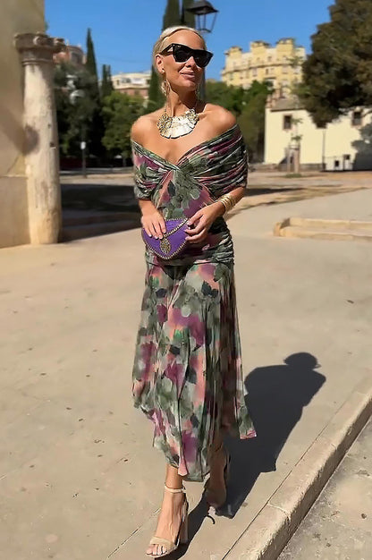Chiffon Pleated Cap Sleeve Maxi Dress