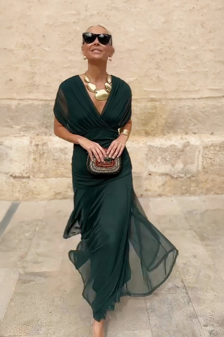 Chiffon Pleated Cap Sleeve Maxi Dress