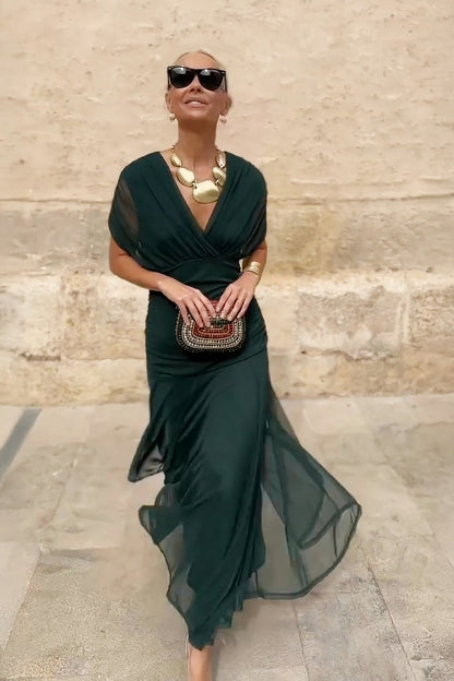 Chiffon Pleated Cap Sleeve Maxi Dress