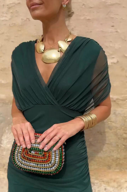 Chiffon Pleated Cap Sleeve Maxi Dress