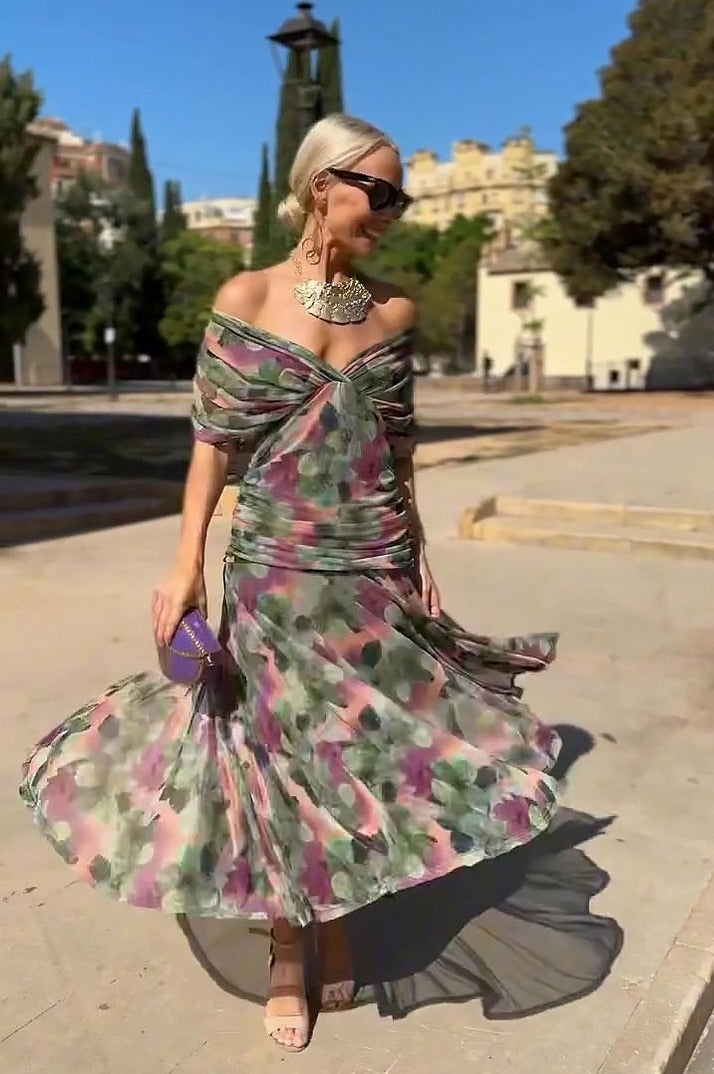 Chiffon Pleated Cap Sleeve Maxi Dress