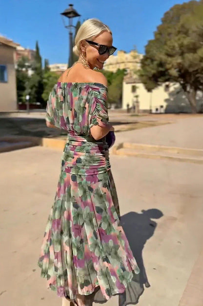 Chiffon Pleated Cap Sleeve Maxi Dress