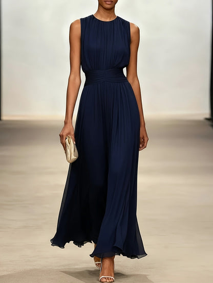 Chiffon Pleated High Neck Maxi