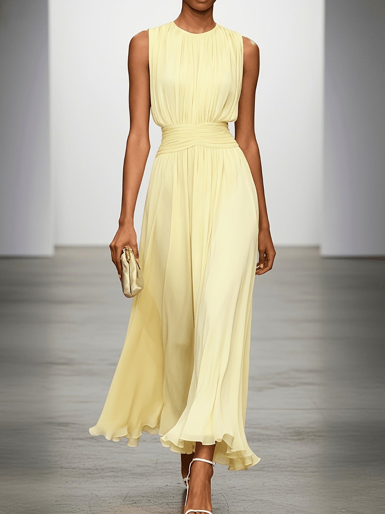 Chiffon Pleated High Neck Maxi