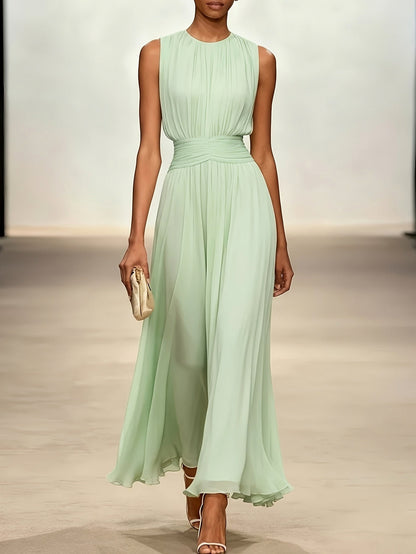 Chiffon Pleated High Neck Maxi