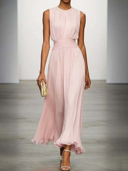 Chiffon Pleated High Neck Maxi