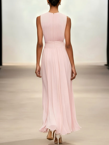 Chiffon Pleated High Neck Maxi