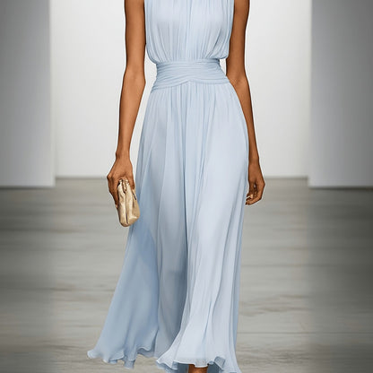 Chiffon Pleated High Neck Maxi