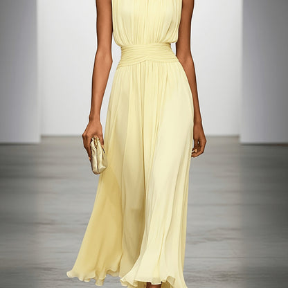 Chiffon Pleated High Neck Maxi