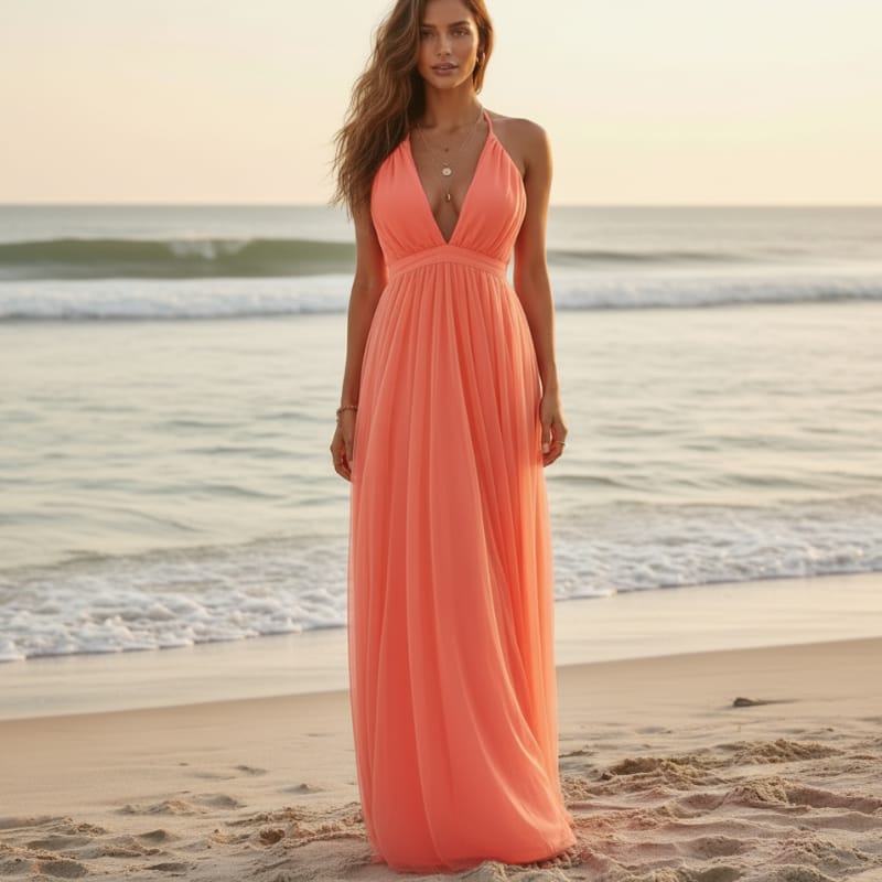 Orange - A woman stands on a sandy beach at sunset wearing a floor-length coral chiffon halter dress with a plunging V-neckline and a flowing, layered maxi skirt.