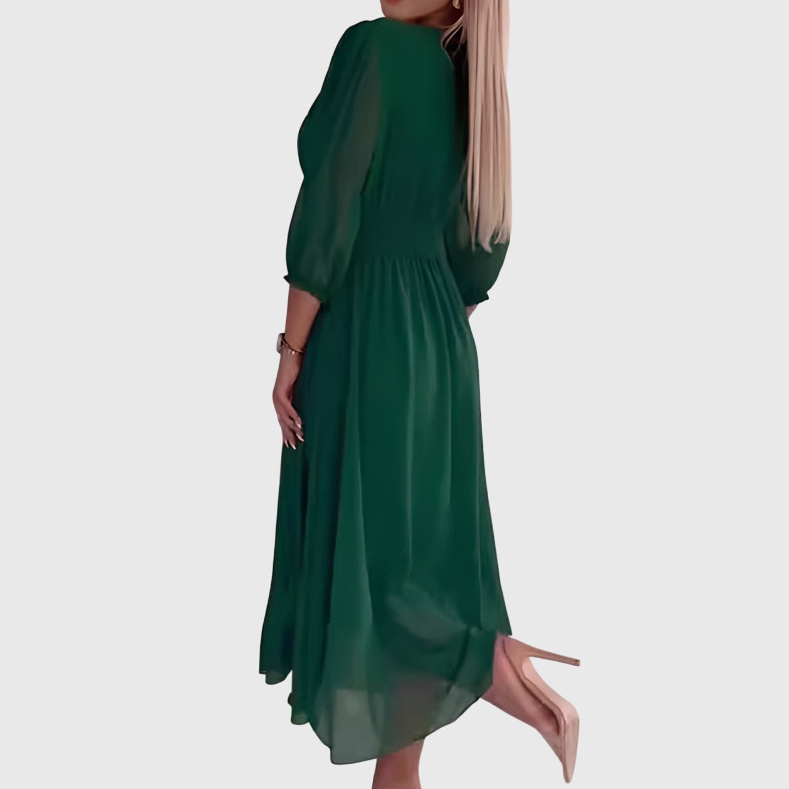 Green - A woman wearing a royal blue chiffon midi dress featuring a V-neckline, ruched empire waist, 3/4 sleeves, and a flowy A-line skirt with a sheer hem.