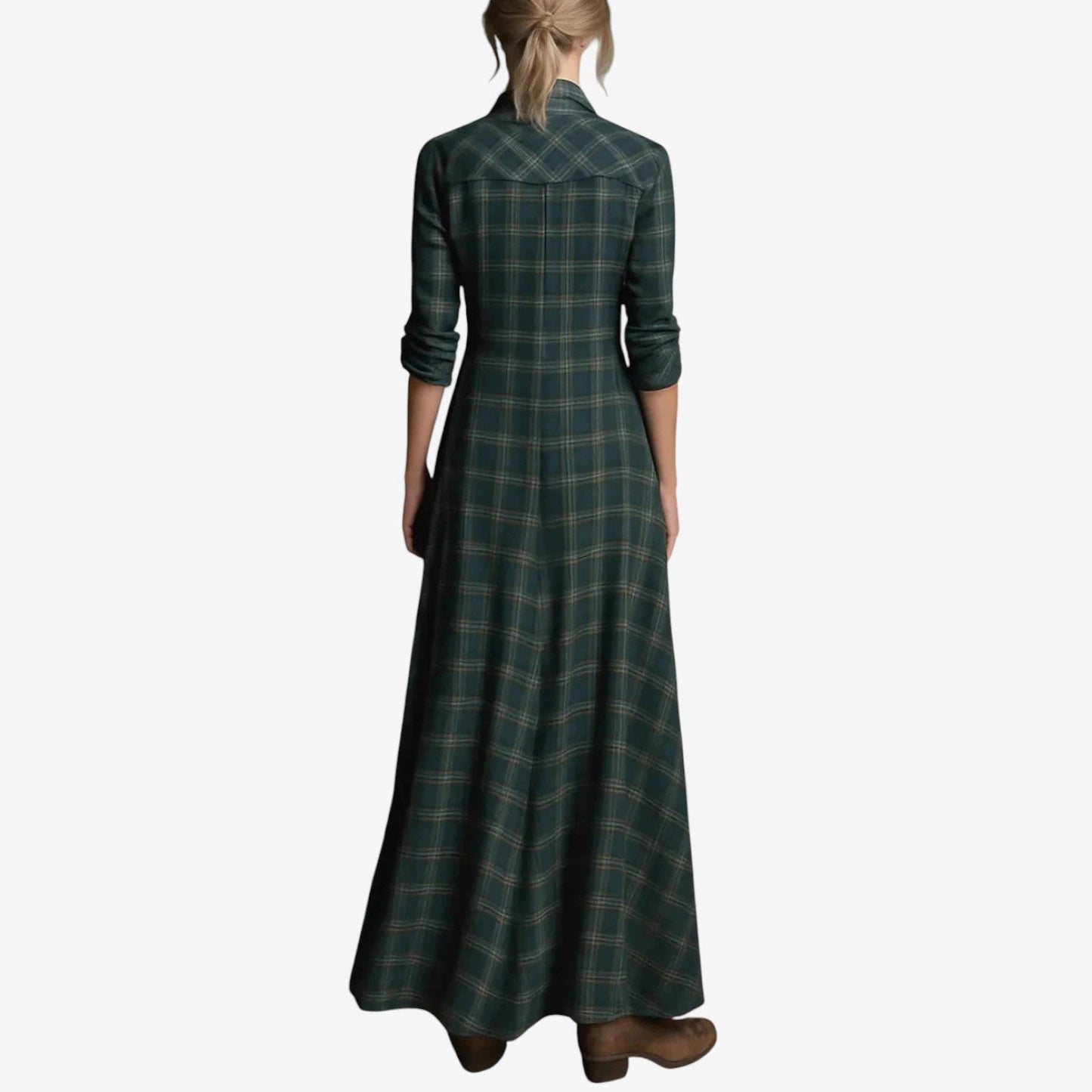 Green - A woman wearing a green plaid long-sleeve maxi shirt dress with a button-down front, styled with brown leather cowboy boots.
