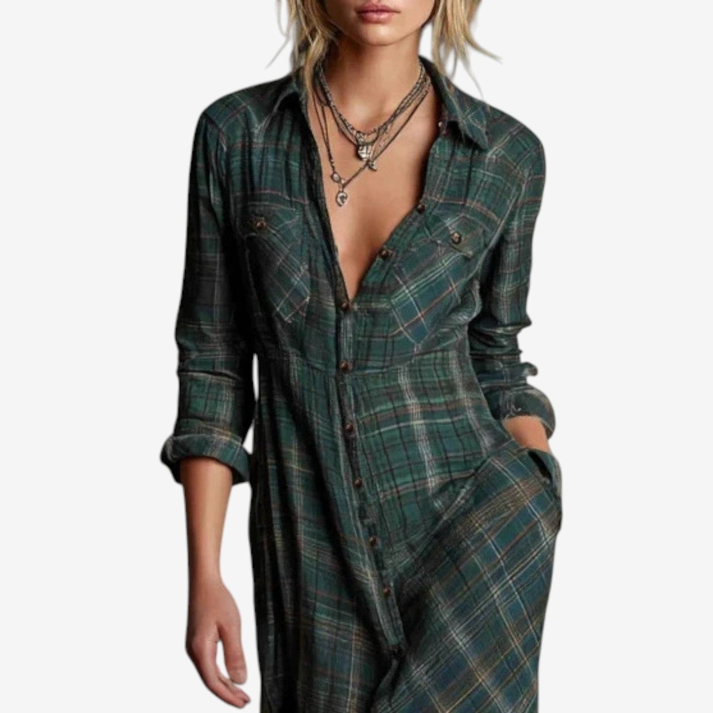 Green - A woman wearing a green plaid long-sleeve maxi shirt dress with a button-down front, styled with brown leather cowboy boots.