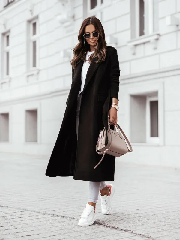 Women's Formal Longline Coat – Belted Notch-Lapel Jacket