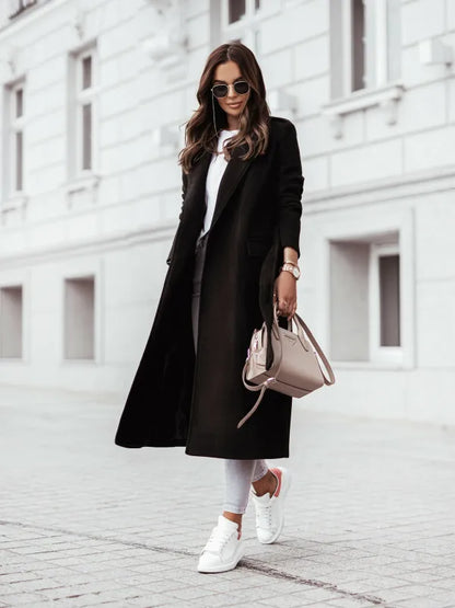 Women's Formal Longline Coat – Belted Notch-Lapel Jacket