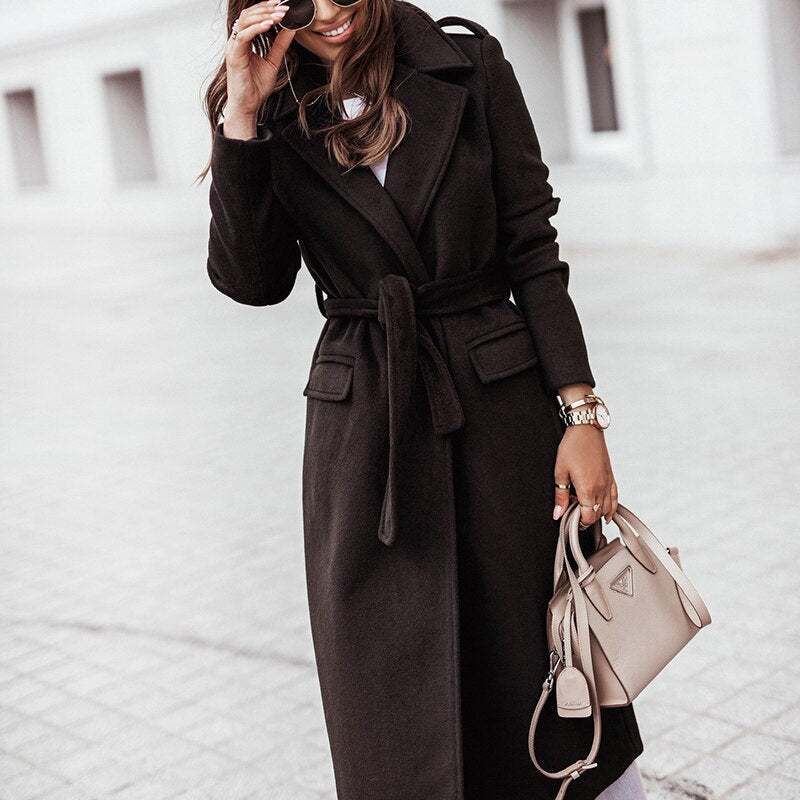 Women's Formal Longline Coat – Belted Notch-Lapel Jacket
